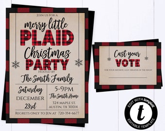 May include: A red and black plaid Christmas party invitation with the text "merry little PLAID Christmas PARTY" and details for a party hosted by The Smith Family on December 23rd. The invitation also includes a separate card with the text "Cast your VOTE" for a favorite ugly sweater contest.