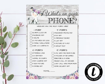 What's On Your Phone Baby Shower Game Phone Game Printable Shower Game Cow Phone Baby Shower Game Purple Floral What's On Your Phone?