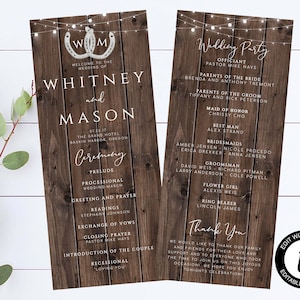 May include: A rustic wedding program with a wooden background. The program features the names "Whitney and Mason" and event details. Decorative elements include horseshoe graphics and string lights.