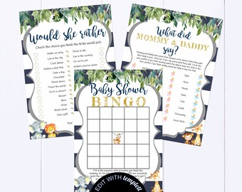 Safari Baby Shower Game Package Boy Jungle Animal Baby Shower Games Safari Baby Shower Games Giraffe Elephant Lion Baby Shower Game Set