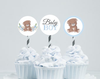 Bear Baby Shower Cupcake Toppers Blue Bear Baby Shower Cupcake Toppers Bear Floral Cupcake Toppers Teddy bear Baby Shower Toppers