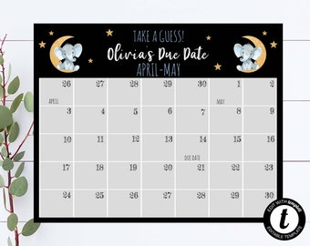 Elefant Fälligkeit Baby Shower Spiel Erraten Sie das Fälligkeitsdatum Baby Shower Spiel Mond und Sterne Baby Shower Kalender Geburtstagsvorhersage Shower Game