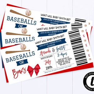 Baseball or Bows Gender Reveal Invitation Baseball And Bows Gender Reveal Theme Gender Reveal Red And Blue Gender Reveal Ticket Invitation