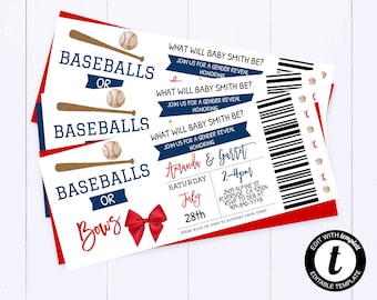 Baseball oder Bögen Geschlecht offenbaren Einladung Baseball und Bögen Geschlecht offenbaren Thema Rot und Blau Geschlecht offenbaren Ticket-Einladung