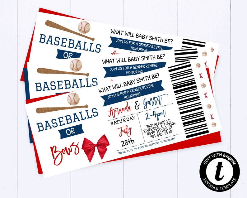 Baseball or Bows Gender Reveal Invitation Baseball and Bows Etsy