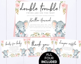 Double Trouble Twin Elephant Baby Shower Invite Pink Twins Floral Baby Shower Invite Elephant Floral Shower Invite Twins On The Way Invite