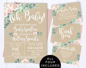 Oh Baby Floral Baby Shower Invitation Girl Floral Watercolor Baby Shower Invite Oh Baby Kraft Paper Pink Floral Girl Baby Shower Invite