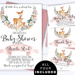 Rosa Hirsch-Babyparty-Einladung Wald-Babyparty-Einladung Mädchen-Babyparty-Hirsch-Einladung Blumenhirsch-Baby-Dusche-Einladung