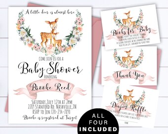 Pink Deer Baby Shower Invitation Woodland Baby Shower Invitation Girl Baby Shower Deer Invitation Floral Deer Baby Girl Shower Invitation
