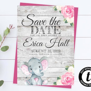 Elefant Babyparty Save The Date Rosa Baby Shower Save The Date Karte Printable Save The Date Editierbare Elefant Save The Date Vorlage