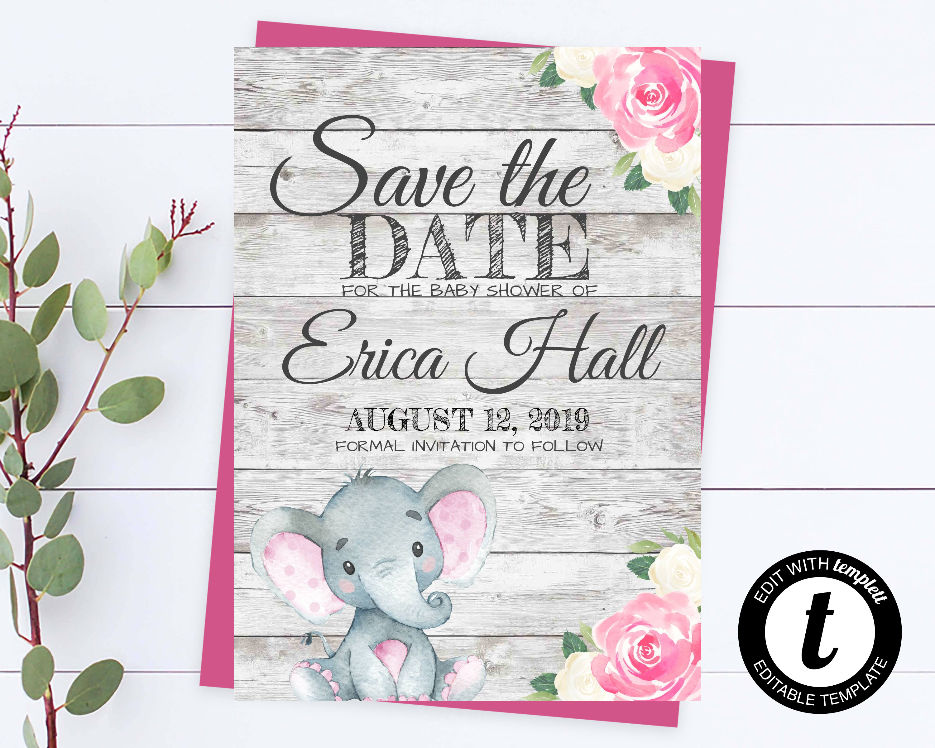 Elephant Baby Shower Save the Date Pink Baby Shower Save the Etsy