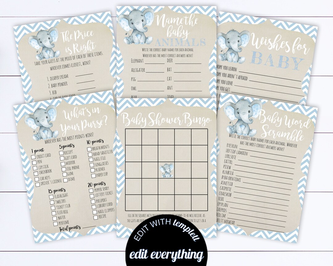 Elephant Baby Shower Games Printable Baby Shower Games Package Baby ...