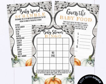 Pumpkin Baby Shower Games Printable Baby Shower Games Package Baby Shower Activity Printable Baby Shower Bingo Baby Shower Printable Game