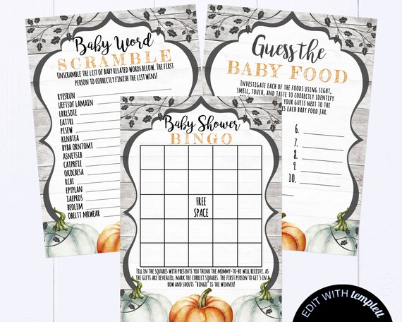Pumpkin Baby Shower Games Printable Baby Shower Games Package | Etsy