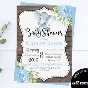 Blue Elephant Baby Shower Boy Invite Blue Baby Shower Baby Boy Shower Invitations Blue Elephant Boy Baby Shower Blue Elephant Invitation