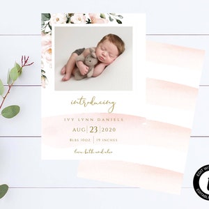 Faire-part de naissance imprimable Faire-part de naissance de bébé Floral rose Faire-part de naissance modifiable Carte photo Présentation de la carte d'annonce de bébé