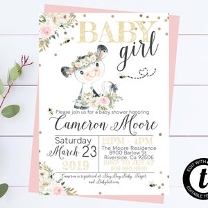 Pink Cow Baby Shower Invite Pink Floral Baby Girl Shower Invitations Pink Cow Girl Baby Shower Pink Cow Invite Farm Baby Cow Shower Invite