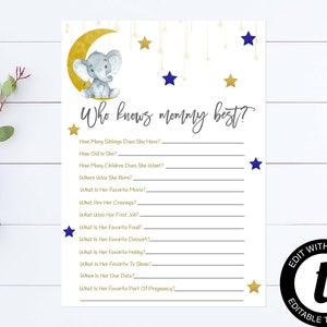 Elephant Who Knows Mommy Best Baby Shower Game Moon And Stars Who Knows Mommy Shower Game Blue And Gold Who Knows Mommy Best Shower Game