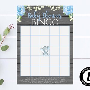 Blue Elephant Bingo Baby Shower Game Floral Baby Shower Bingo Activity Bingo Baby Shower Bingo Printable Game Elephant Baby Shower Bingo