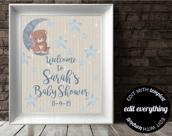 Bear Baby Shower Welcome Sign Blue Baby Welcome Sign Bear Baby Shower Star Decor Welcome Shower Sign Printable Welcome Sign Printable Sign