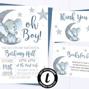Invitación De Baby Shower De Elefante Azul Luna Y Estrellas Invitaciones De Baby Shower Azul Twinkle Twinkle Elefante Baby Shower Invitar Baby Shower De Niño