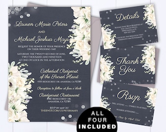 Navy Blue Floral Wedding Invitation Template Wedding Invitations Printable Invitation Suite Floral Invitation Set Floral Invitation Elegant