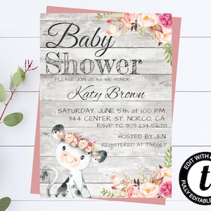 Pink Cow Baby Shower Invite Pink and Gray Baby Girl Shower Invitations Pink Cow Girl Baby Shower Pink Cow Invite Farm Baby Shower