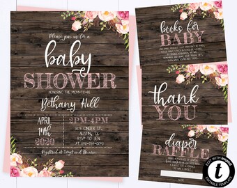 Rustikale rosa Blumen Baby-Dusche-Einladungs-Vorlage Rosa Blumen Aquarell Baby-Dusche einladen Holz Blumen Baby-Dusche-Blumen-Einladung