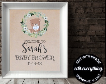 Floral Bear Baby Shower Welcome Sign Baby Welcome Sign Blue Bear Baby Shower Decor Welcome Shower Sign Printable Welcome Sign Printable Sign
