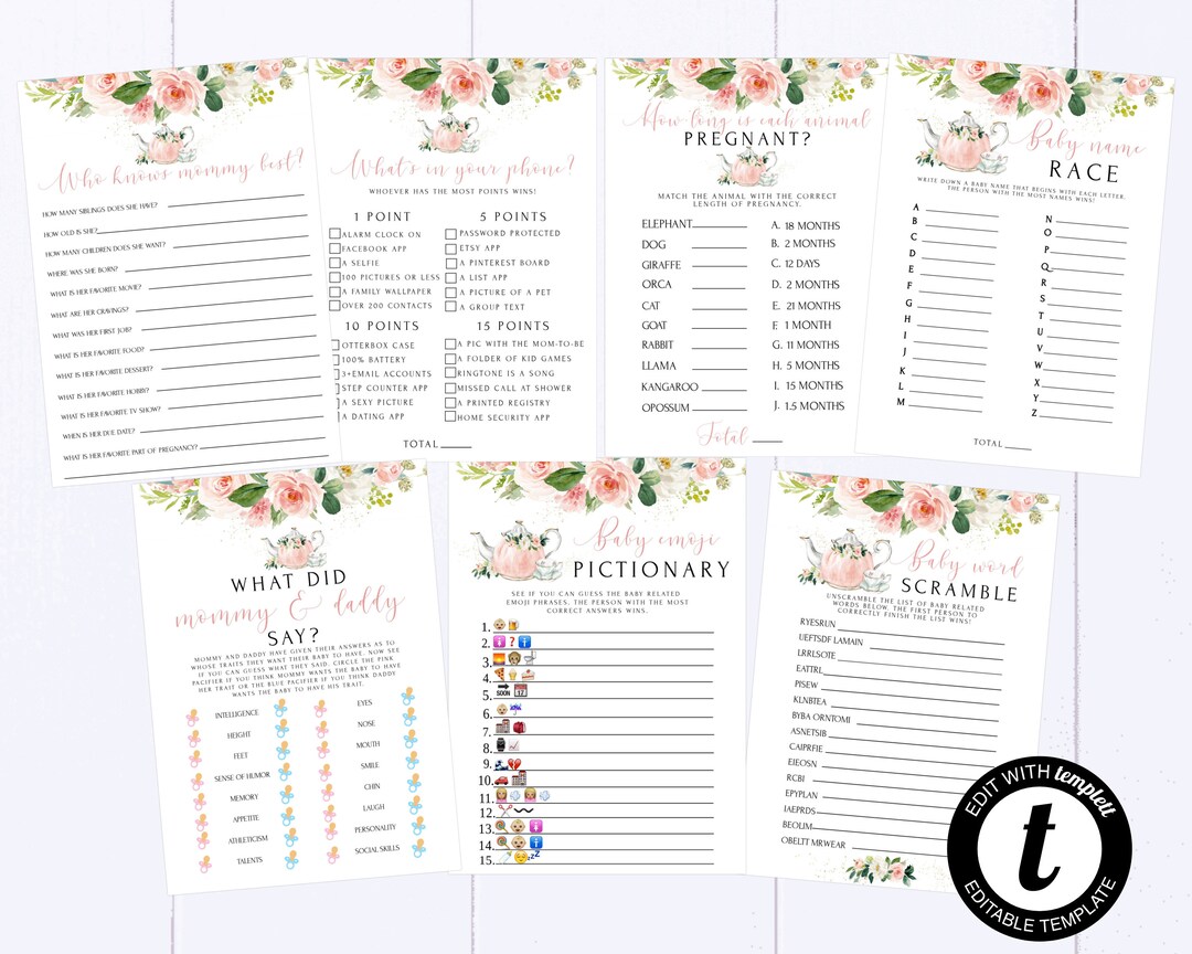 Tea Party Baby Shower Games Printable Baby Shower Games Package Floral ...