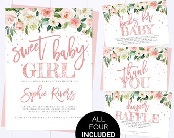 Pink Floral Baby Shower Invitation Sweet Baby Girl Baby Shower Invite Girl Baby Shower Invite Pink Glitter Shower Invite Sweet Baby Girl