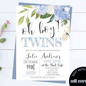 Twins Floral Blue Baby Shower Boy Invite Oh Boy Twins Blue Floral Baby Shower Invite Oh Boy Floral Shower Invitations Twins Oh Boy Invites