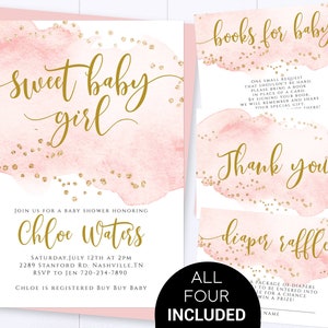 Blush Pink Sweet Baby Girl Baby Shower Invite Pink And Gold Baby Shower Invite Girl Baby Shower Invitation Gold Glitter Baby Shower Invite