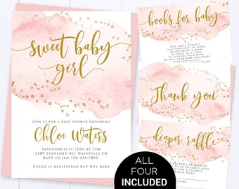 Blush Pink Sweet Baby Girl Baby Shower Invite Pink And Gold Baby Shower Invite Girl Baby Shower Invitation Gold Glitter Baby Shower Invite