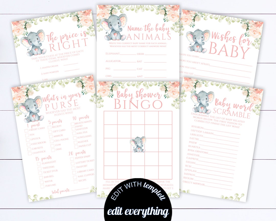 Elephant Baby Shower Games Printable Baby Shower Games Package Baby ...