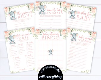 Elephant Baby Shower Games Printable Baby Shower Games Package Baby Shower Activity Printable Baby Shower Bingo Baby Shower Printable Game