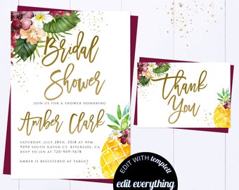 Tropical Bridal Shower Invitation Hawaiian Bridal Shower Invite Greenery Bridal Shower Invite Luau Bridal Shower Invitation Floral Invite