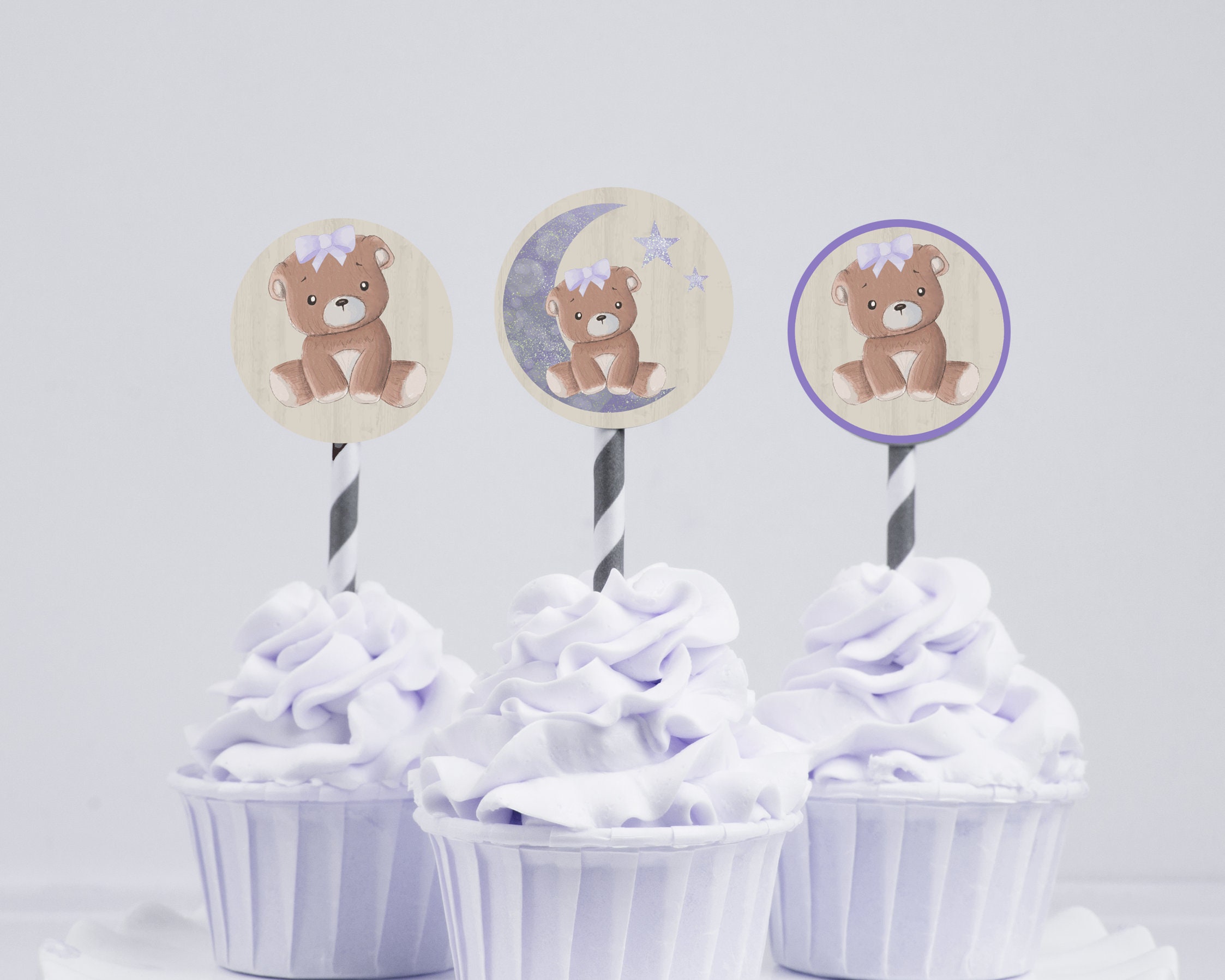 Bear Baby Shower Cupcake Toppers Purple Teddy Bear Baby Shower Etsy
