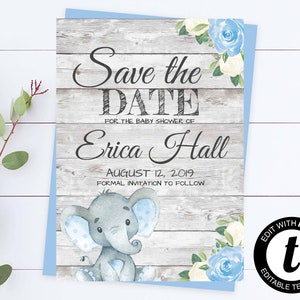 Elefant Baby Shower Save The Date Blaue Baby Shower Save The Date Karte druckbare Save The Date Bearbeitbare Elephant Save The Date Vorlage