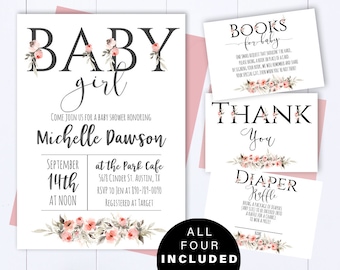 Bloemen baby shower uitnodiging sjabloon Bloemen aquarel baby shower uitnodigen Meisje baby shower bloem uitnodiging Groen baby shower uitnodigen
