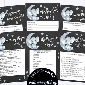Twinkle Twinkle Little Star Douchespellen Afdrukbare blauwe sterren Babyshowerspellen Pakket Blauwe Olifant Babyshower Activiteitendouchespellen