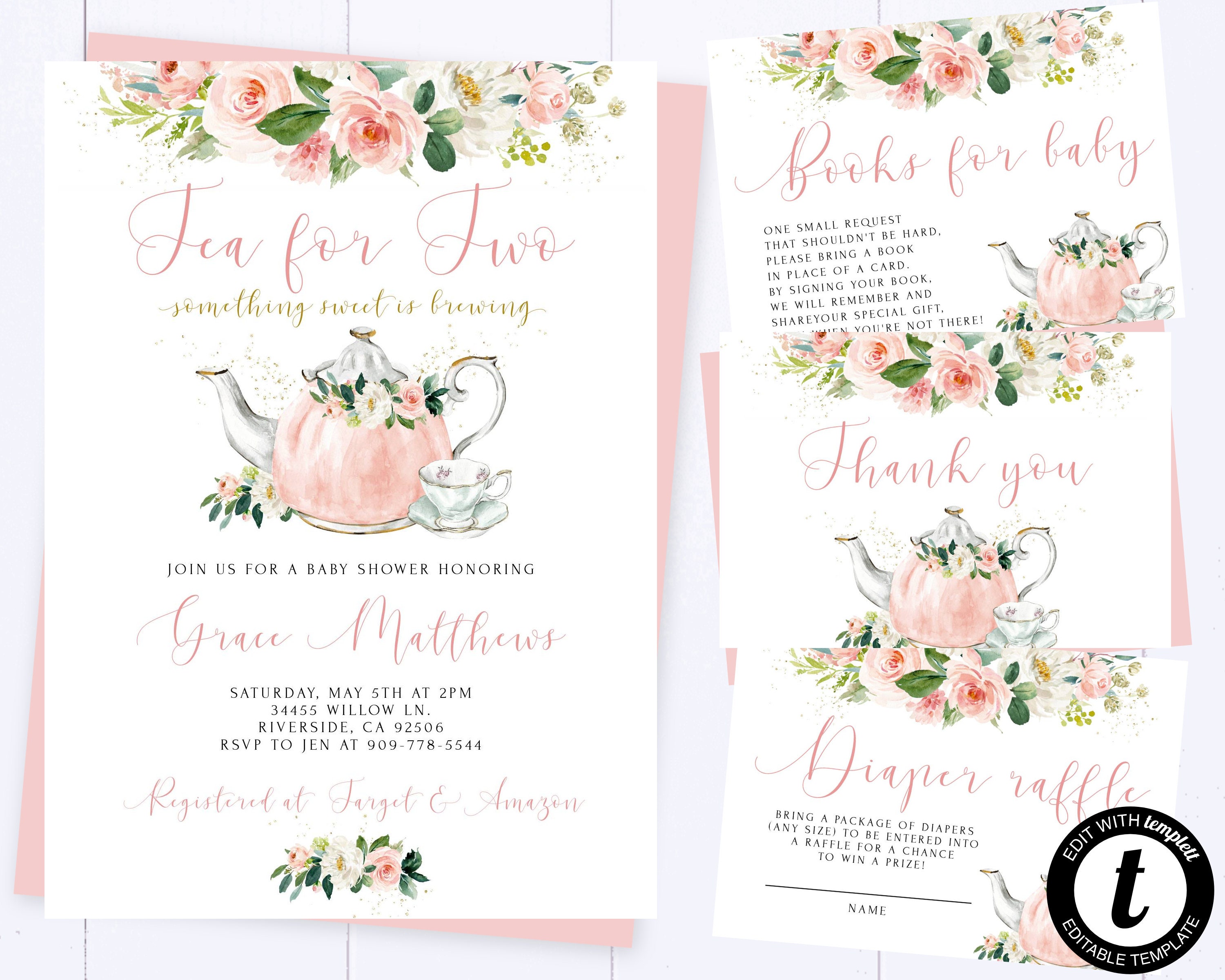Tea for Two Baby Shower Invitation Pink Floral Baby Shower Etsy