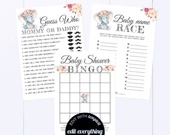 Pink Elephant Baby Shower Games Floral Baby Shower Games Package Baby Shower Activity Printable Baby Shower Bingo Baby Shower Printable Game