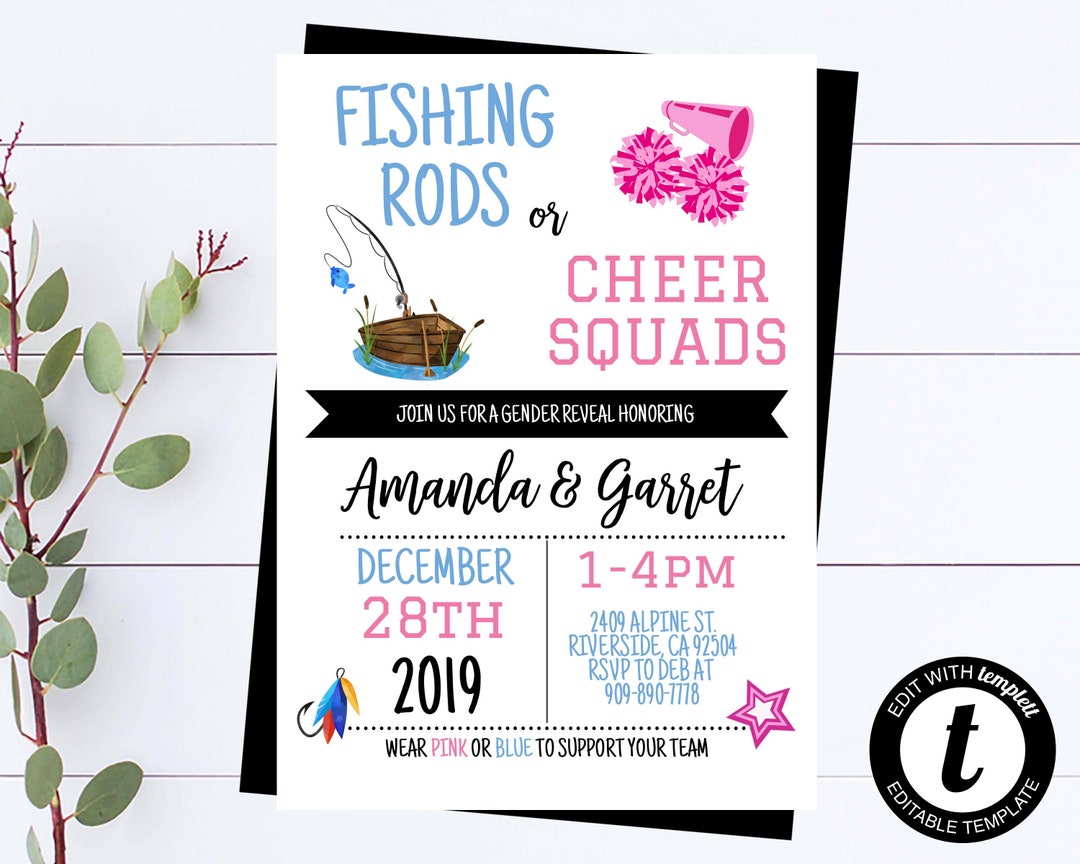 Fishing Rods Or Cheer Sqauds Gender Reveal Invitation Fishing And Cheer