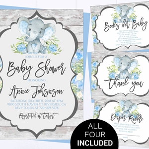Blue Elephant Baby Shower Boy Invite Blue Floral Baby Shower Baby Boy Shower Invitations Blue Elephant Boy Baby Shower Blue Elephant Invite