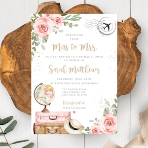 Viajando de Señorita a Señora Plantilla de Invitación Ducha Nupcial Floral Rosa Ducha de Viaje Imprimible Maleta Editable Invitación Mapa Mundial Nupcial