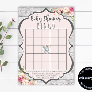 Elephant Baby Shower Bingo Game Baby Shower Bingo Activity Elephant Baby Shower Bingo Printable Game Pink Floral Baby Shower Bingo Game