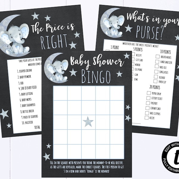 Twinkle Twinkle Little Star Shower Games Printable Blue Stars Baby Shower Games Package Blue Elephant Baby Shower Activity Shower Games