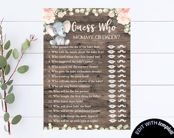 Guess Who Baby Shower Game Elephant Mommy Or Daddy Baby Shower Activity Floral Pink Shower Guess Who Mommy Or Daddy Game Elephant Guess Game