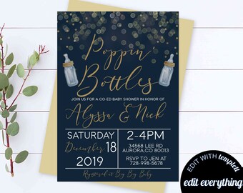 Poppin Bottles Baby Shower Invitation Template Poppin' Bottles Coed Baby Shower Invitation  Navy And Gold Baby Shower Invite Poppin' Bottles